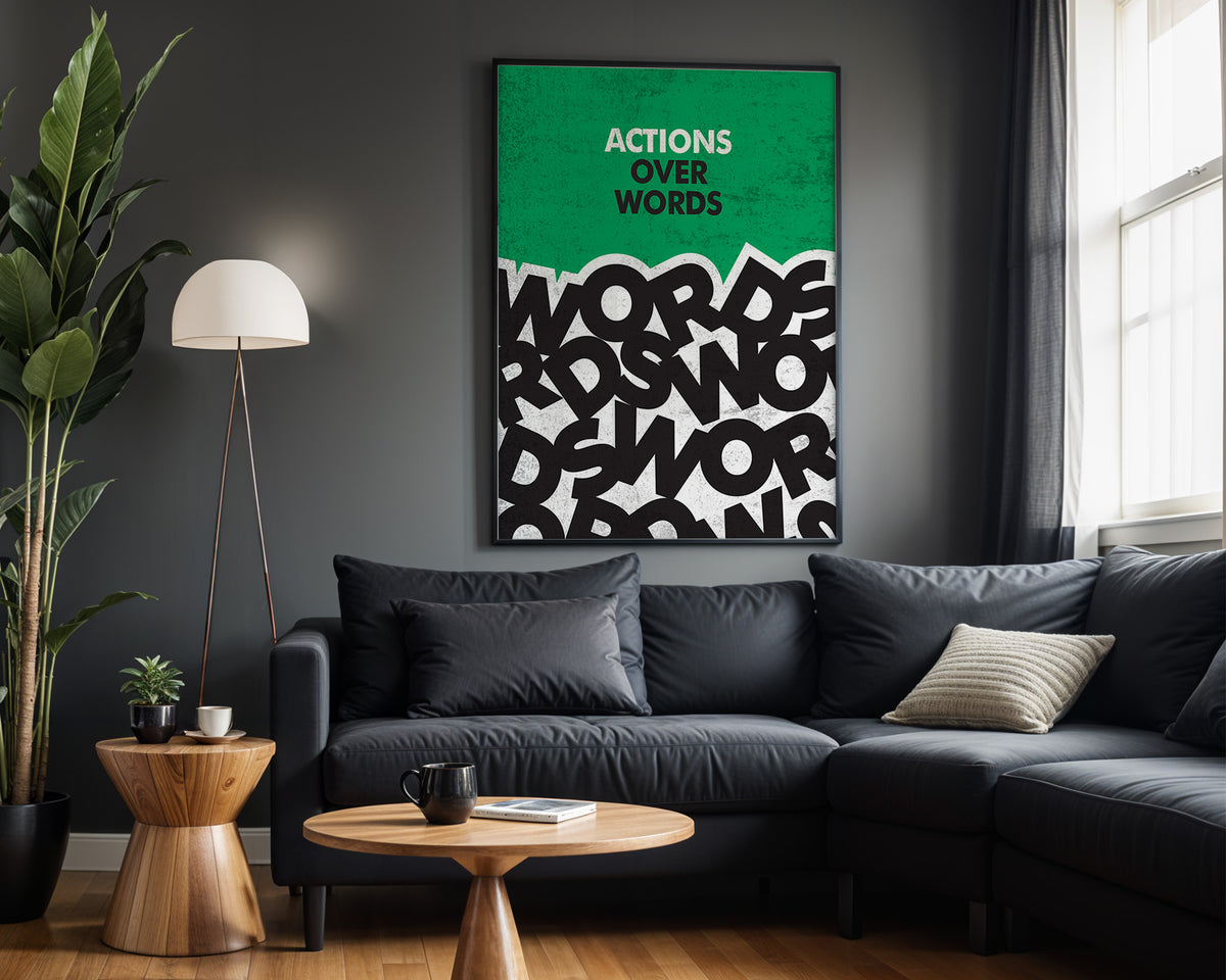 Actions Over Words motivational wall art – alternate room view