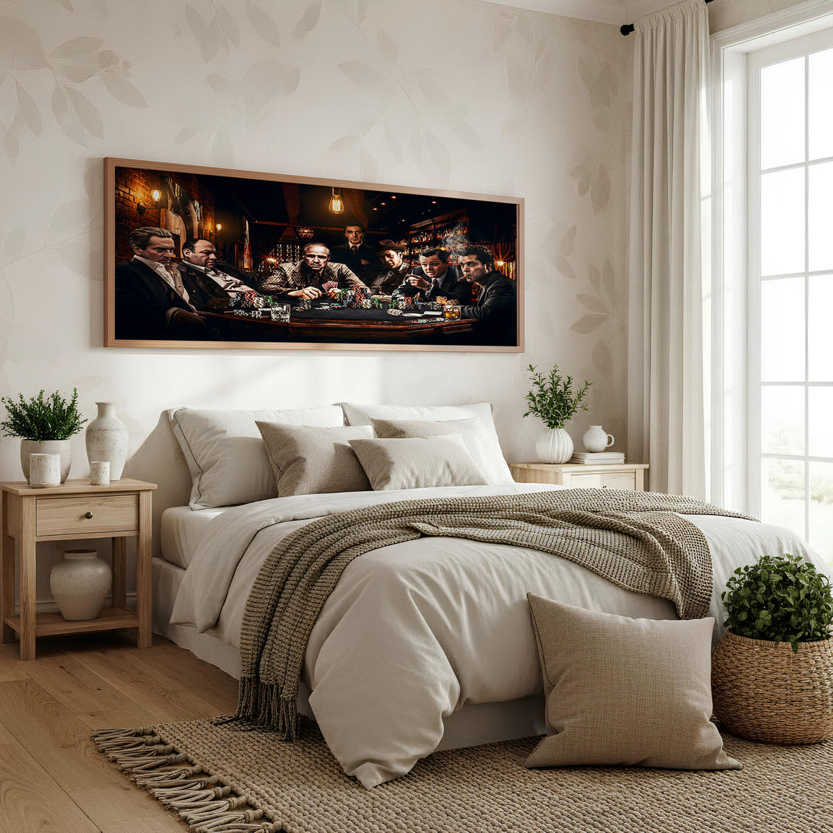 After Hours Poker Legends Panoramic Wall Art shown in a bedroom
