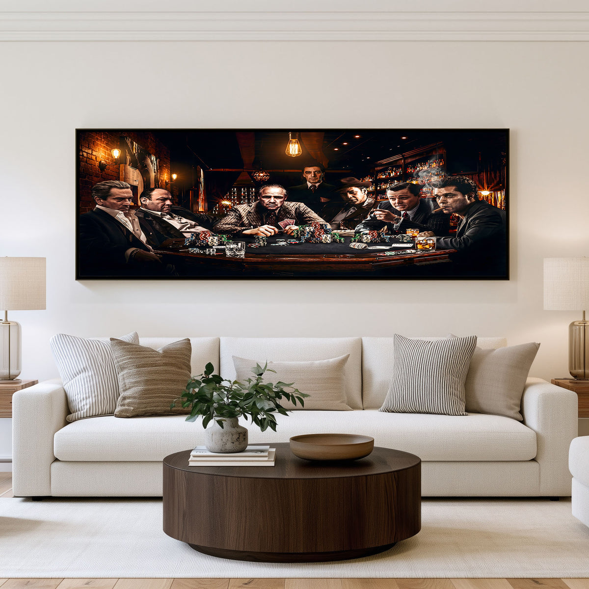 After Hours Poker Legends Panoramic Wall Art shown in a living room