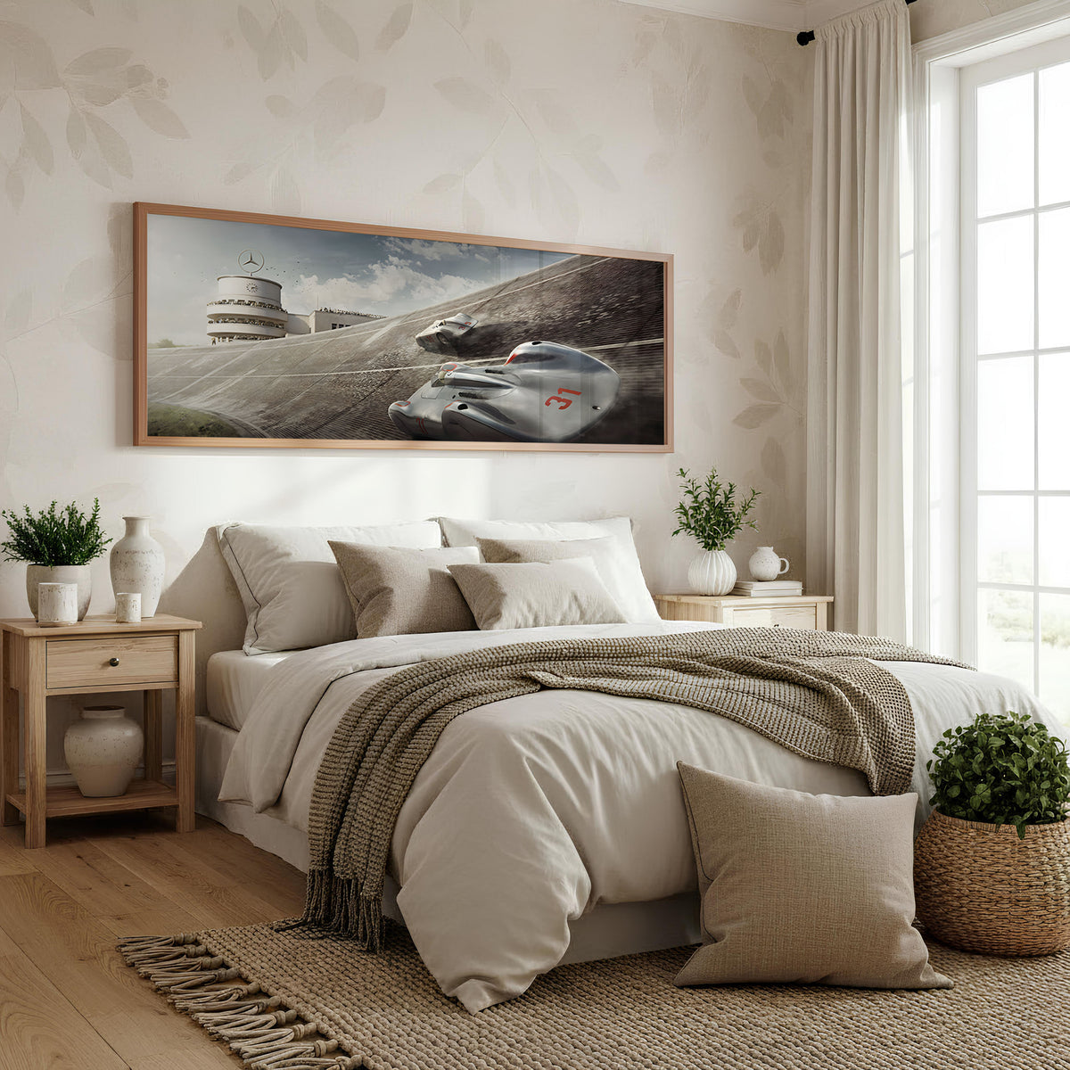 Banked Circuit Silver Arrow Panoramic Car Wall Art shown in a bedroom