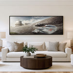 Banked Circuit Silver Arrow Panoramic Car Wall Art shown in a living room