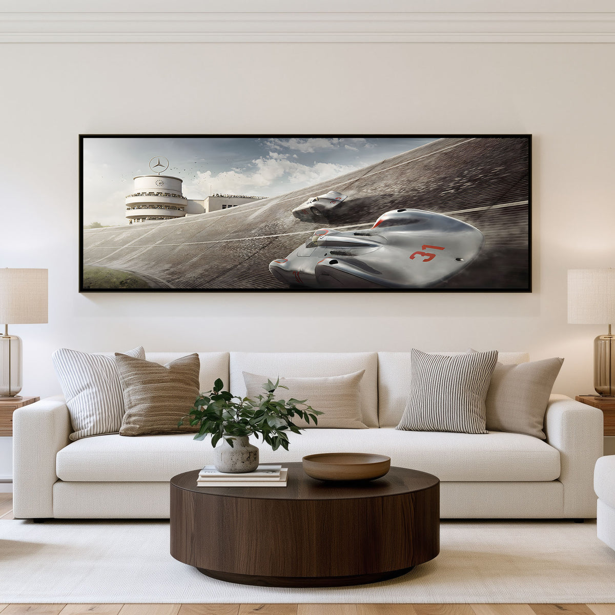 Banked Circuit Silver Arrow Panoramic Car Wall Art shown in a living room