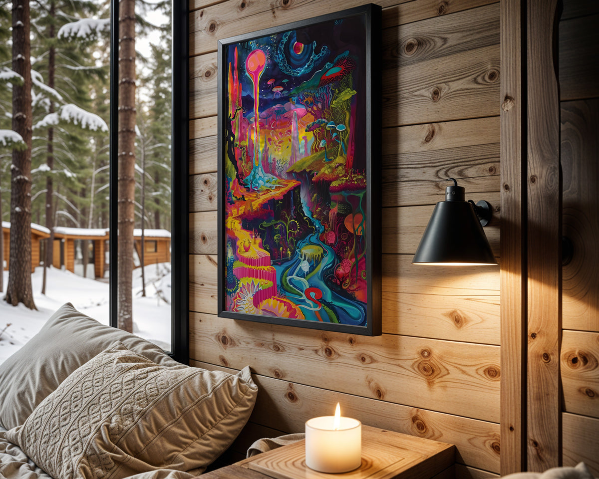 Astral Embrace psychedelic wall art – cabin room view