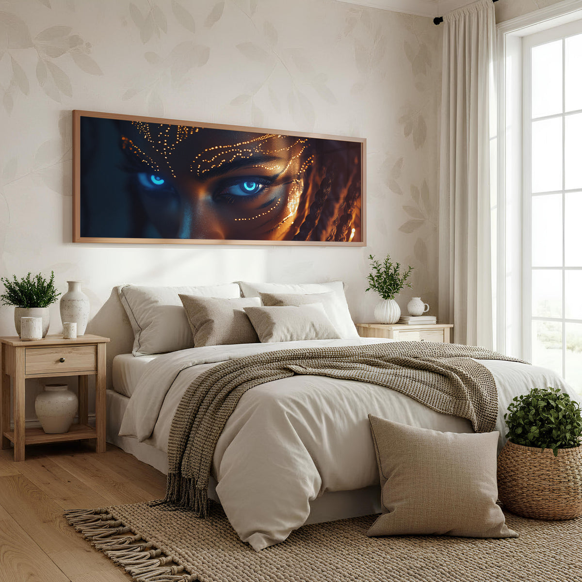 Azure Gaze Panoramic Wall Art shown in a bedroom