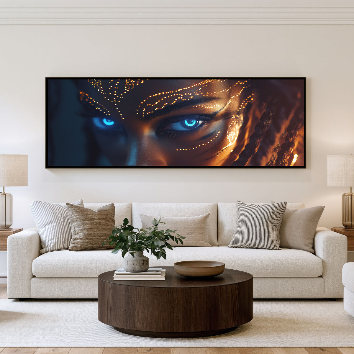Azure Gaze Panoramic Wall Art shown in a living room