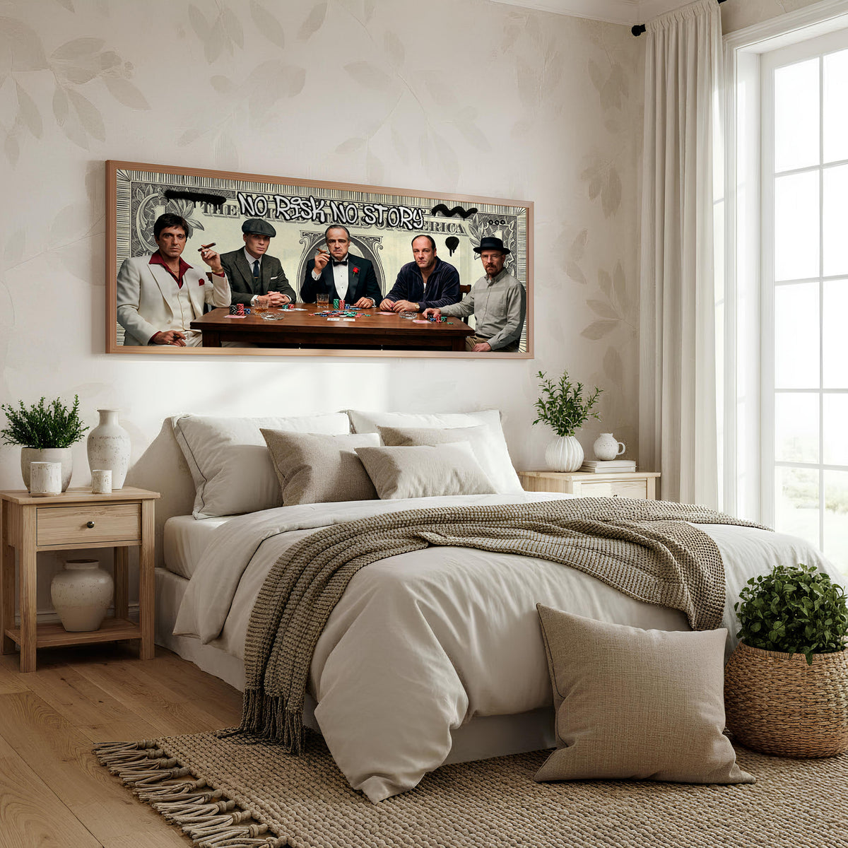 Screen Legends Poker Club Panoramic Wall Art shown in a bedroom