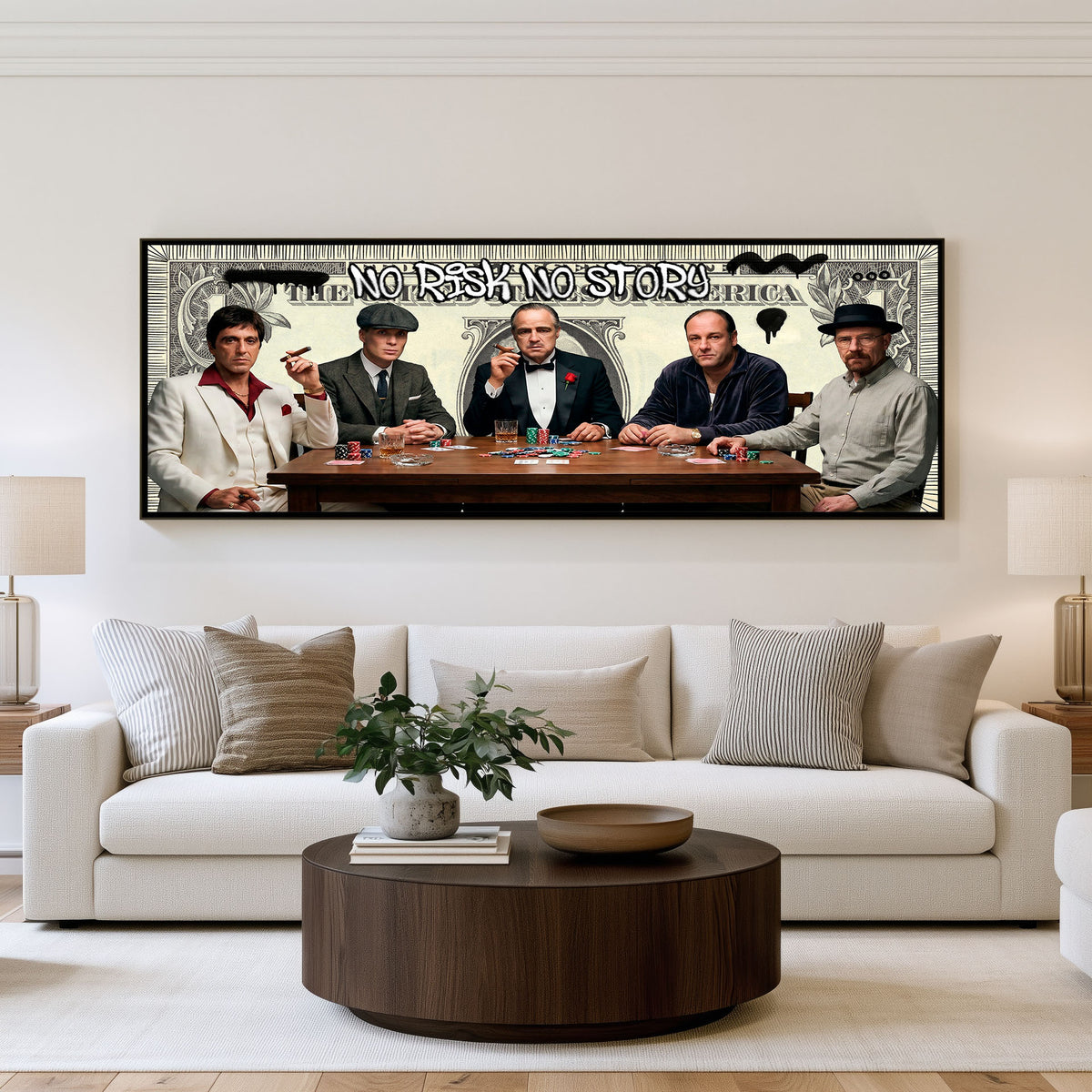 Screen Legends Poker Club Panoramic Wall Art shown in a living room