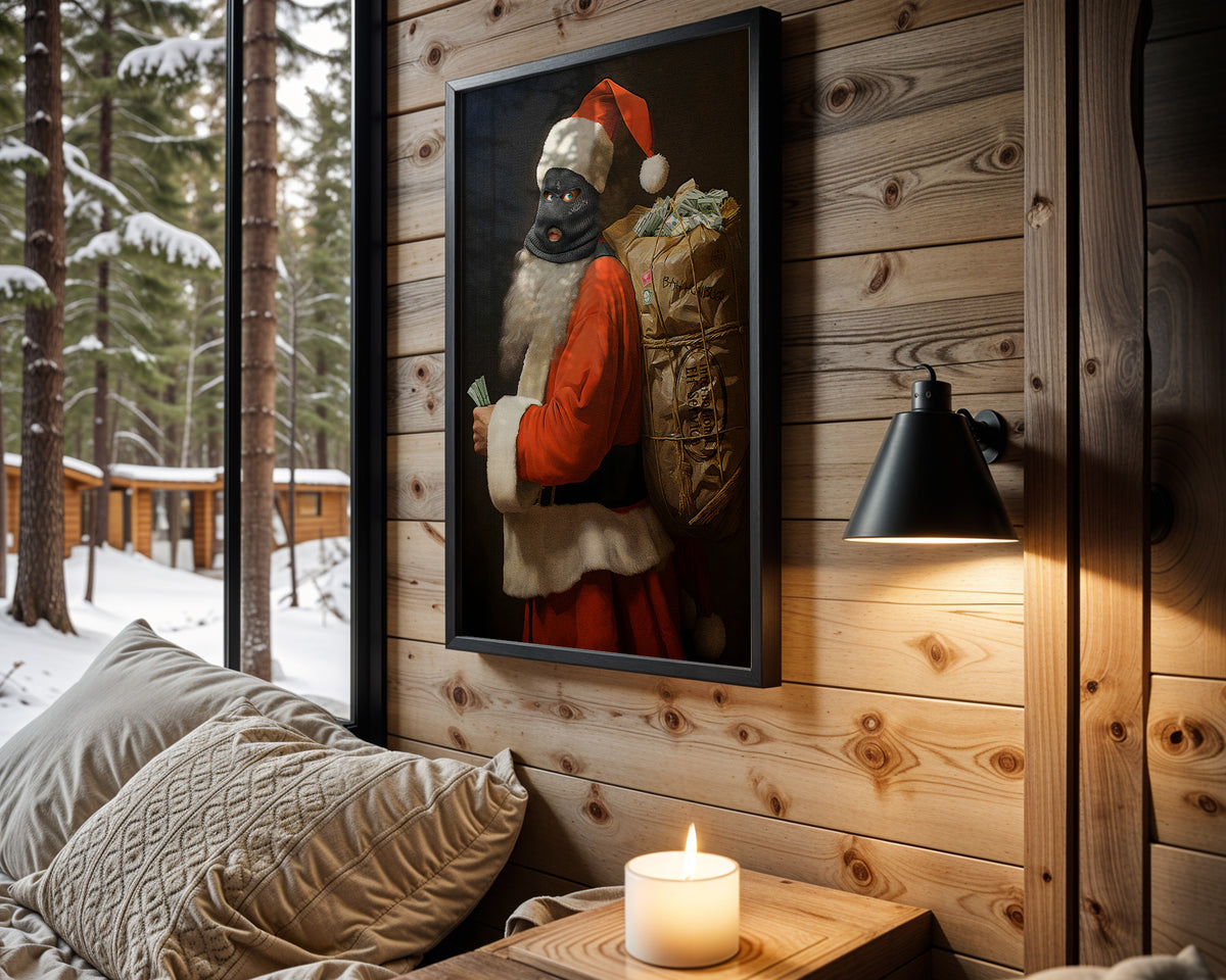 Bad Santa wall art in cabin interior