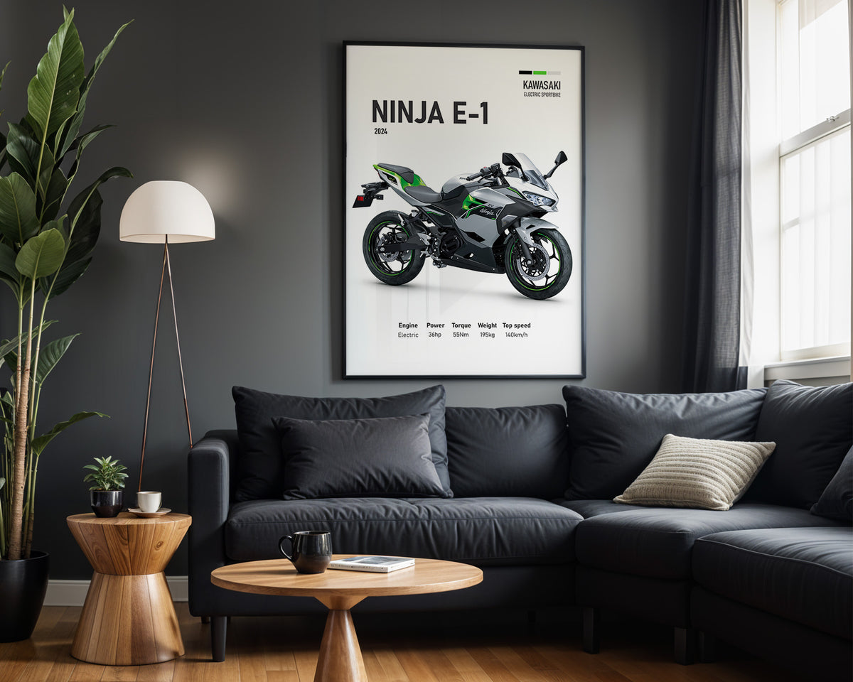 Kawasaki Ninja E-1 framed poster displayed in a modern interior