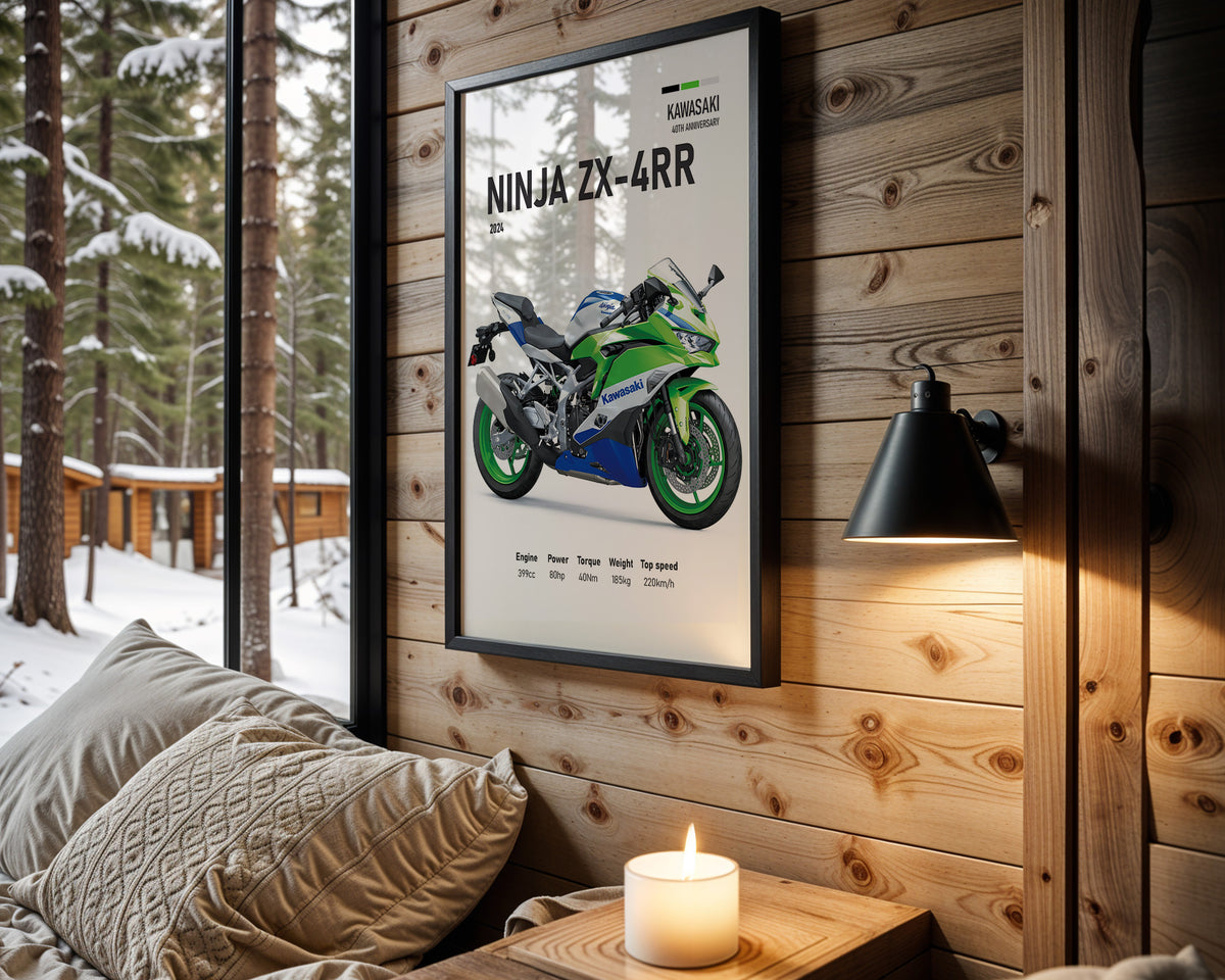 Kawasaki Ninja ZX-4RR motorcycle wall art in a black frame