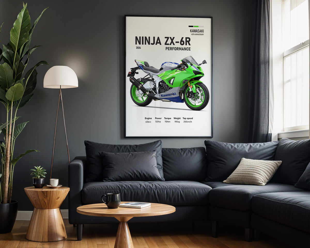 Kawasaki Ninja ZX-6R Performance framed poster displayed in a modern interior