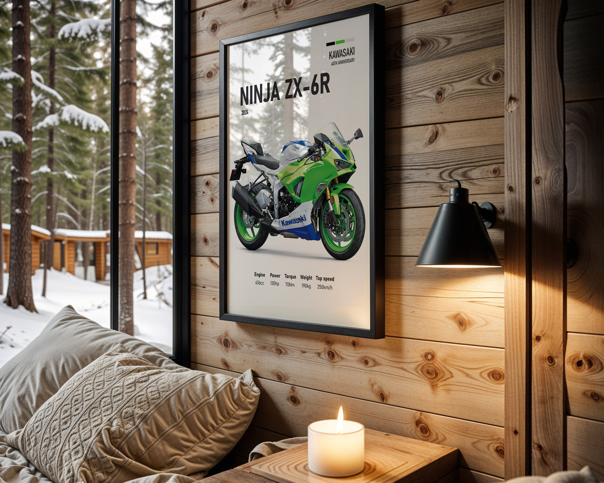 Kawasaki Ninja ZX-6R motorcycle wall art in a black frame