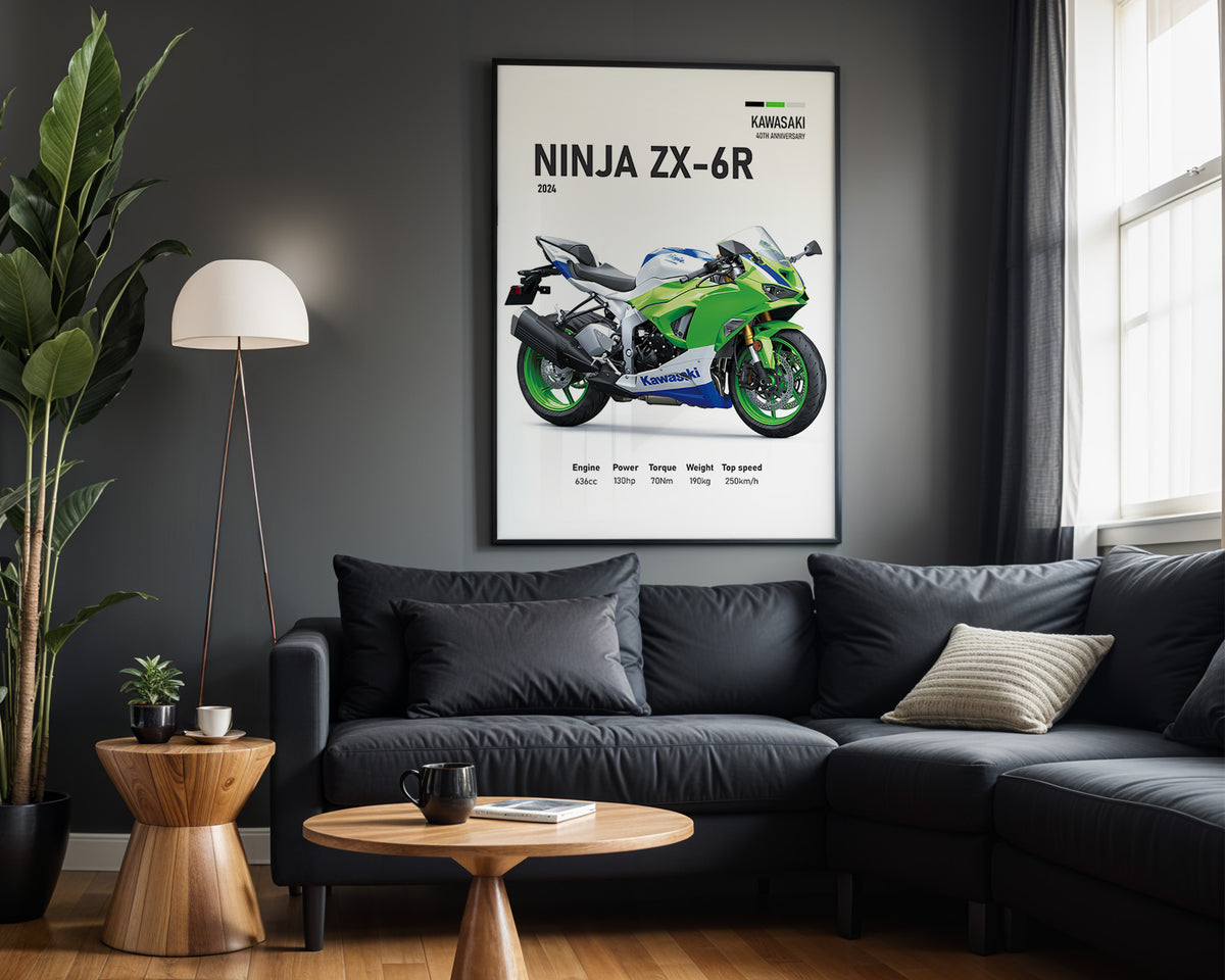 Kawasaki Ninja ZX-6R framed poster displayed in a modern interior
