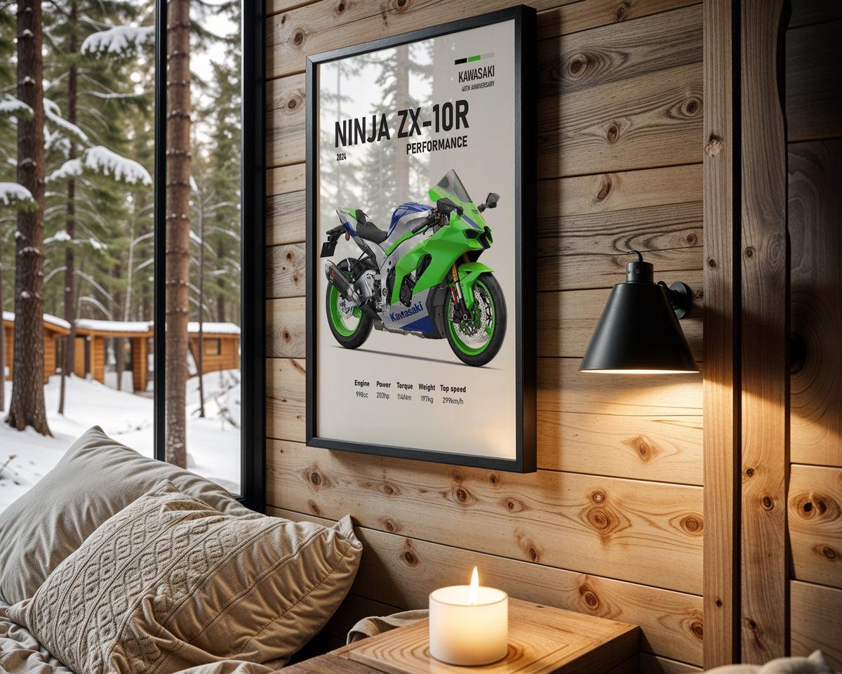 Kawasaki Ninja ZX-10R Performance motorcycle wall art in a black frame