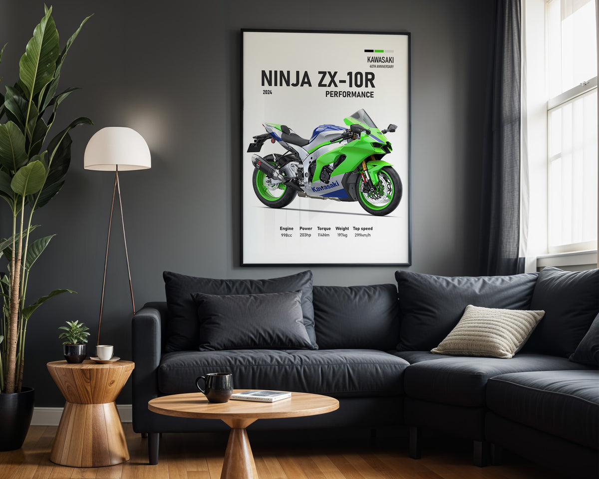 Kawasaki Ninja ZX-10R Performance framed poster displayed in a modern interior