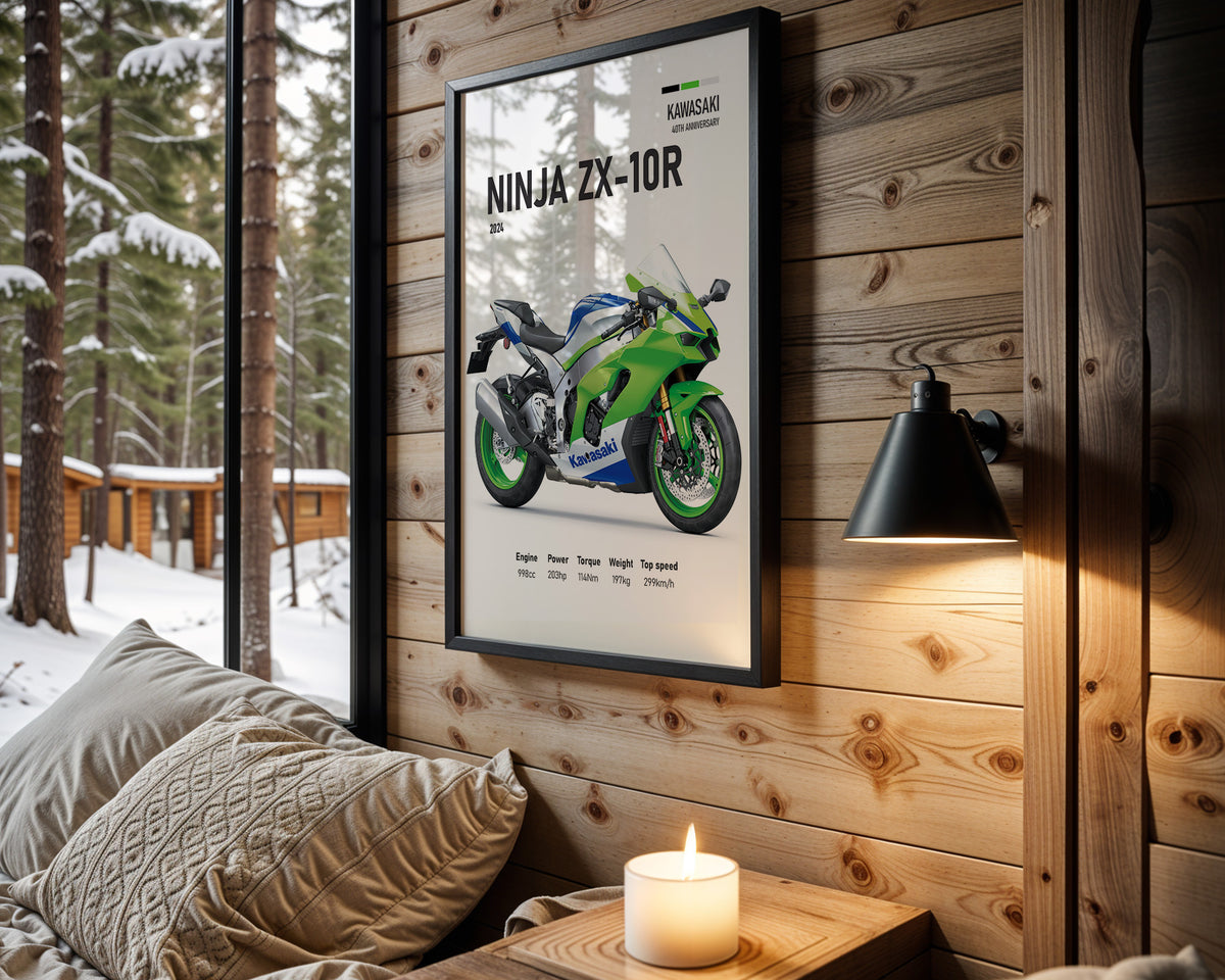 Kawasaki Ninja ZX-10R motorcycle wall art in a black frame
