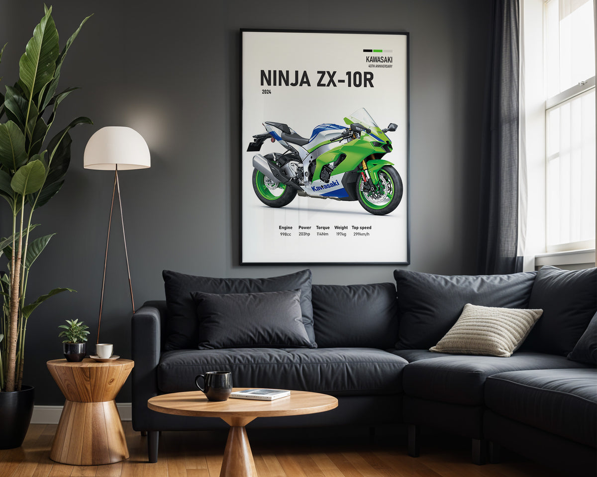 Kawasaki Ninja ZX-10R framed poster displayed in a modern interior