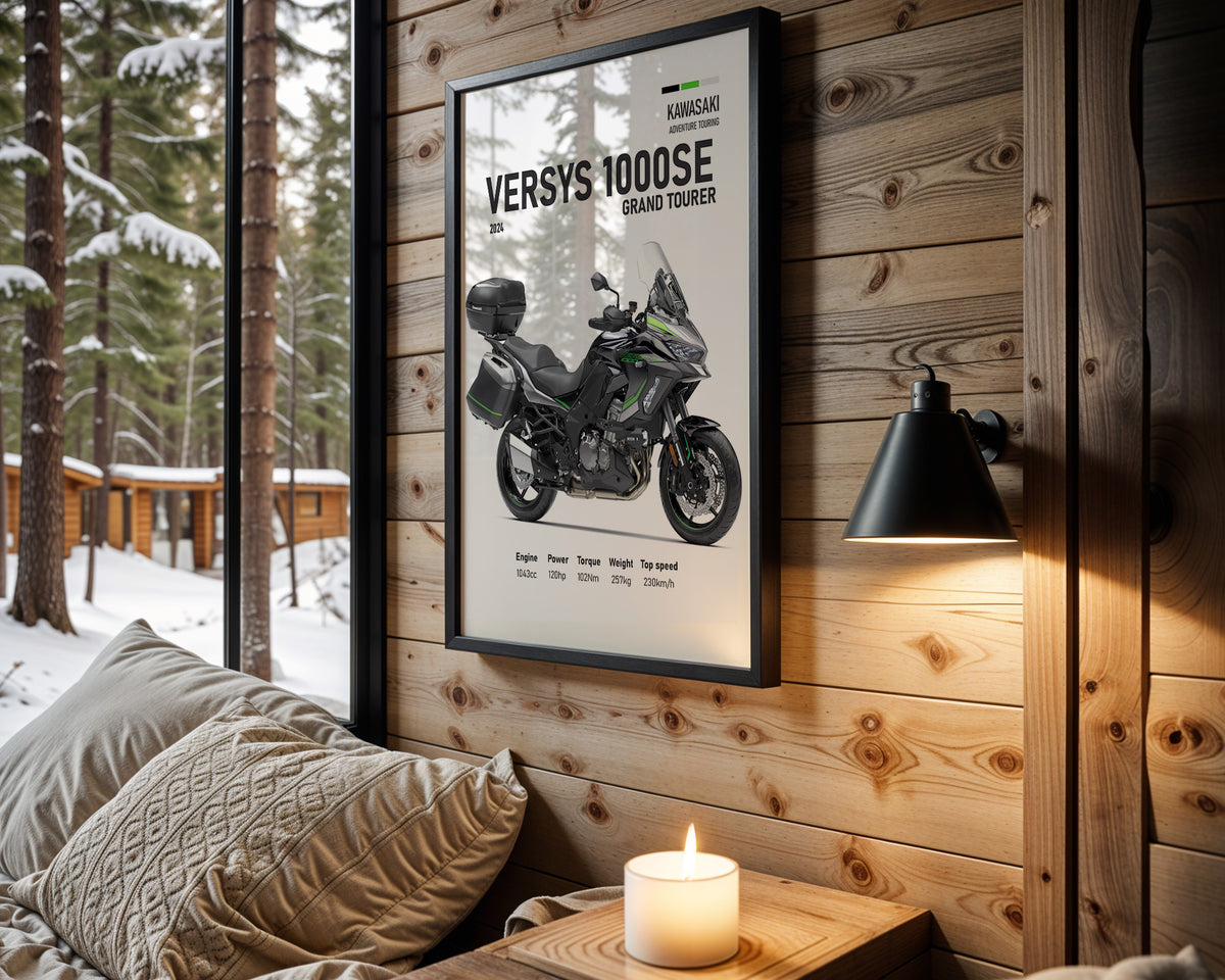 Kawasaki Versys 1000 SE Grand Tourer motorcycle wall art in a black frame