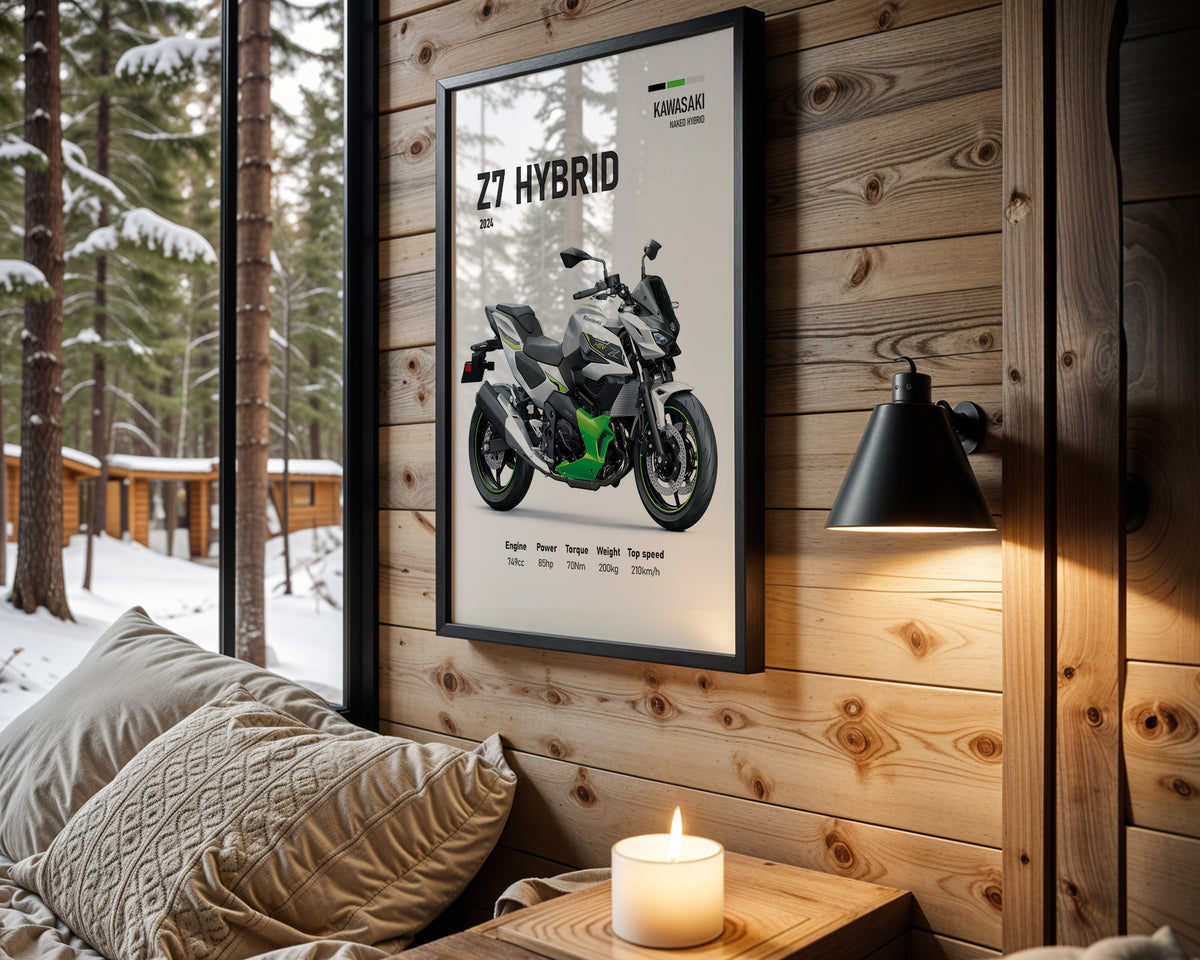 Kawasaki Z7 Hybrid Silver Green motorcycle wall art in a black frame