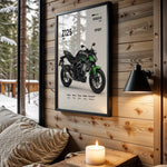 Kawasaki Z125 Sport motorcycle wall art in a black frame
