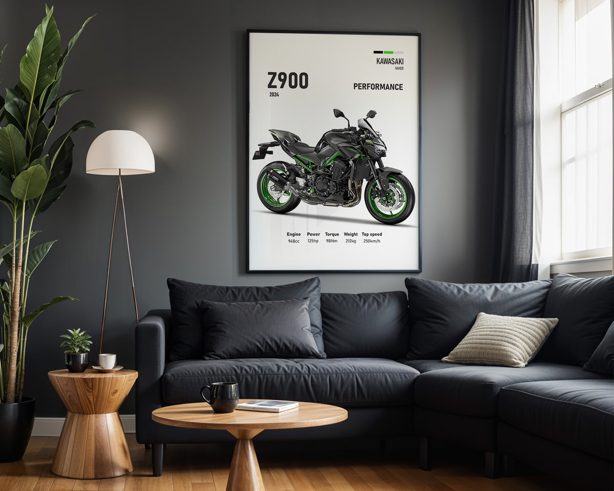Kawasaki Z900 Performance framed poster displayed in a modern interior