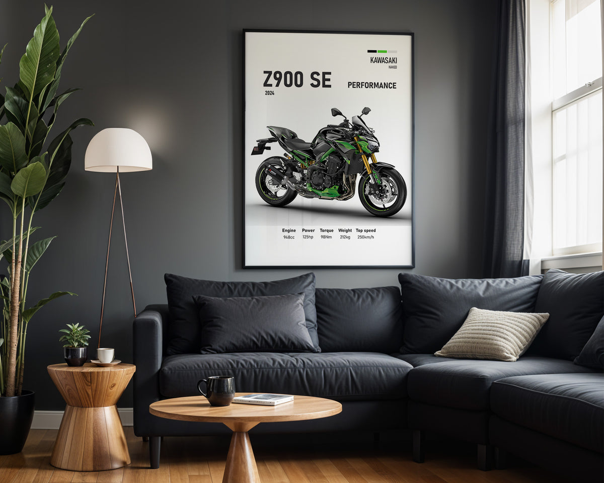 Kawasaki Z900 SE Performance framed poster displayed in a modern interior