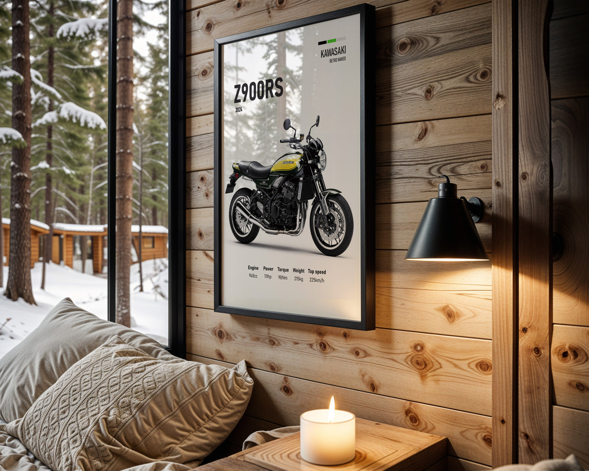 Kawasaki Z900RS motorcycle wall art in a black frame