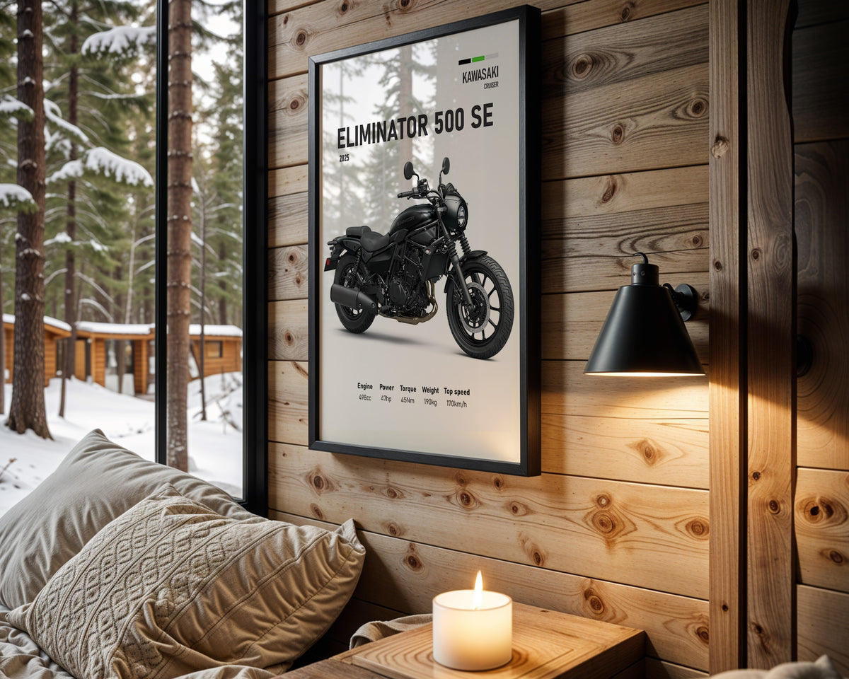 Kawasaki Eliminator 500 SE motorcycle wall art in a black frame