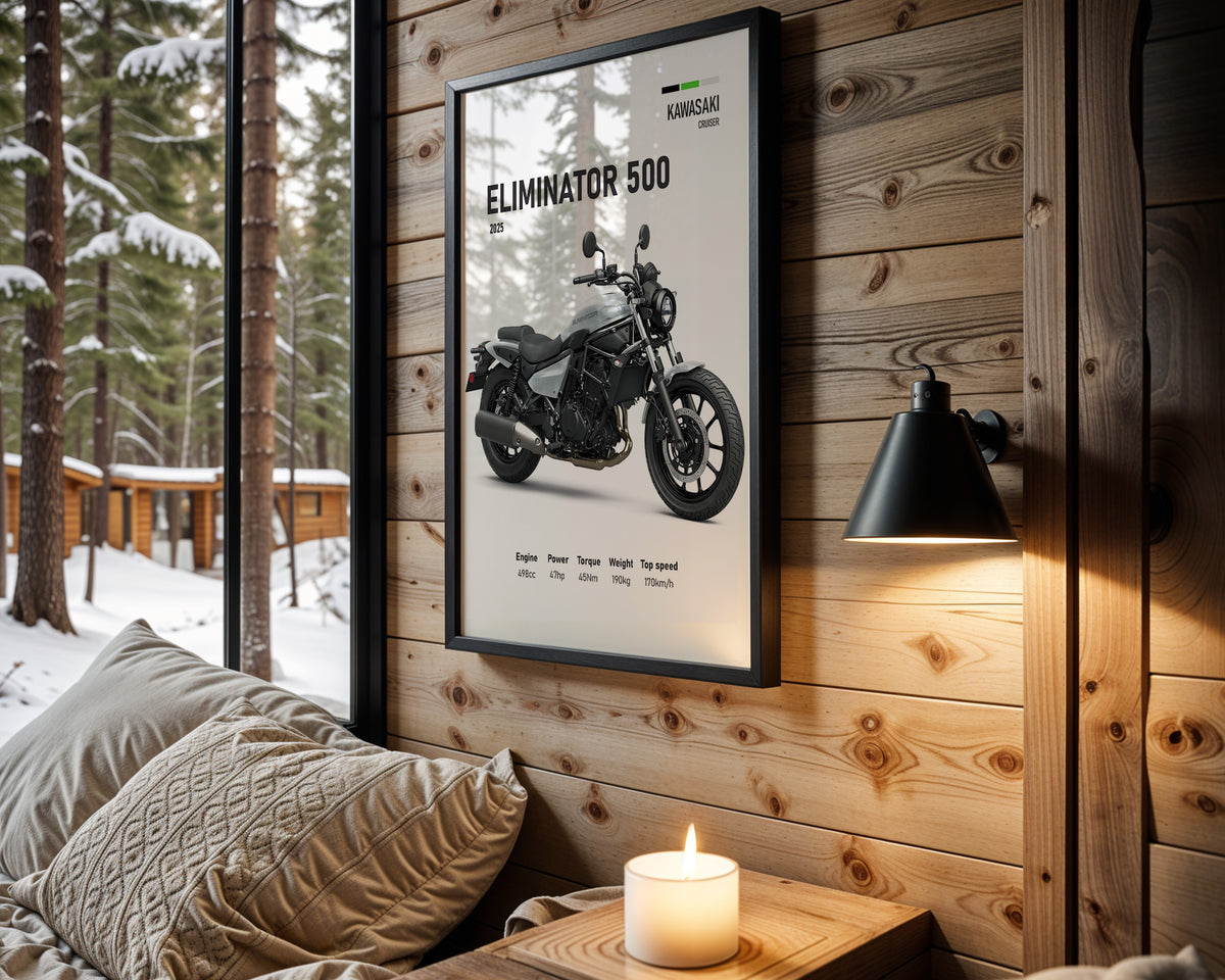 Kawasaki Eliminator 500 motorcycle wall art in a black frame