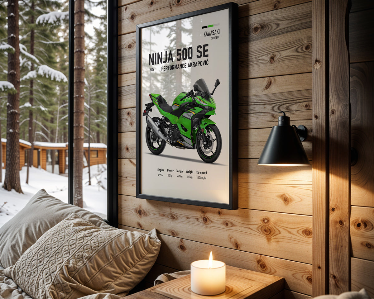 Kawasaki Ninja 500 SE Performance Akrapovič motorcycle wall art in a black frame