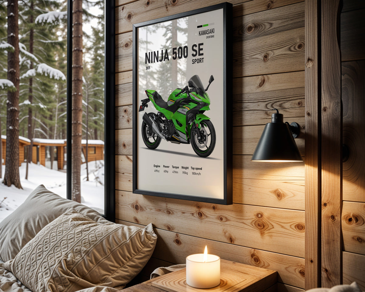 Kawasaki Ninja 500 SE Sport motorcycle wall art in a black frame