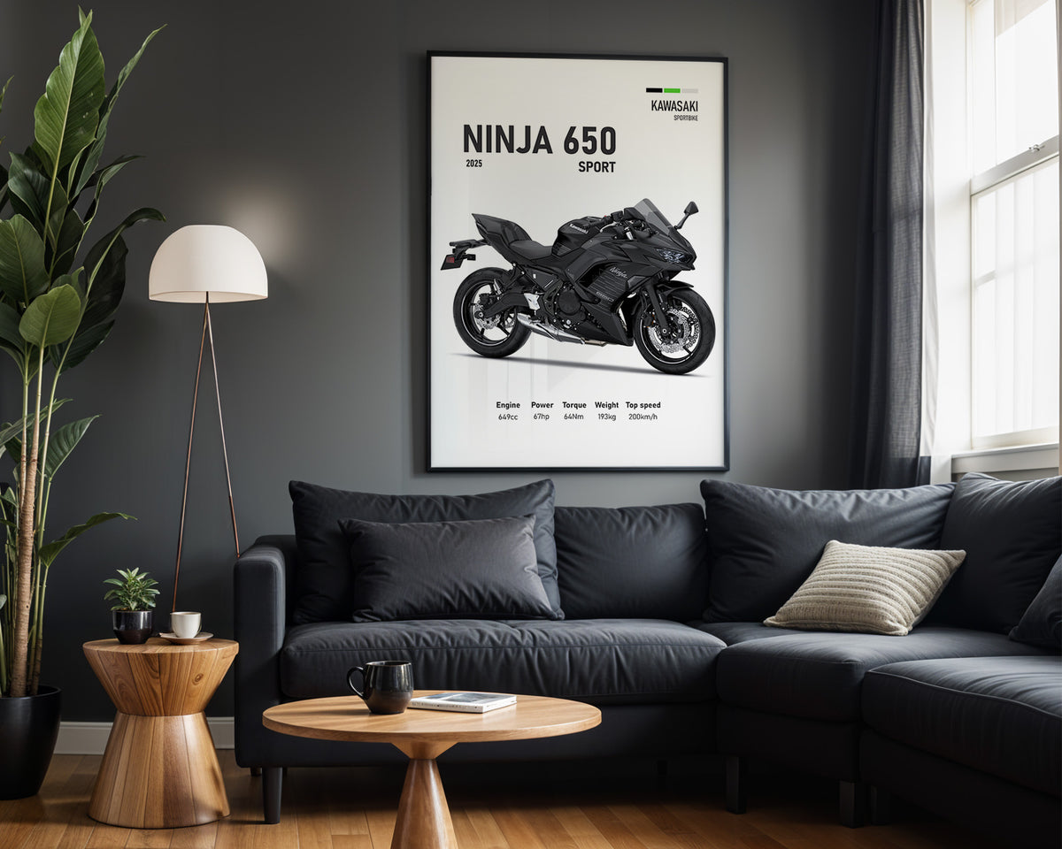 Kawasaki Ninja 650 Sport framed poster displayed in a modern interior