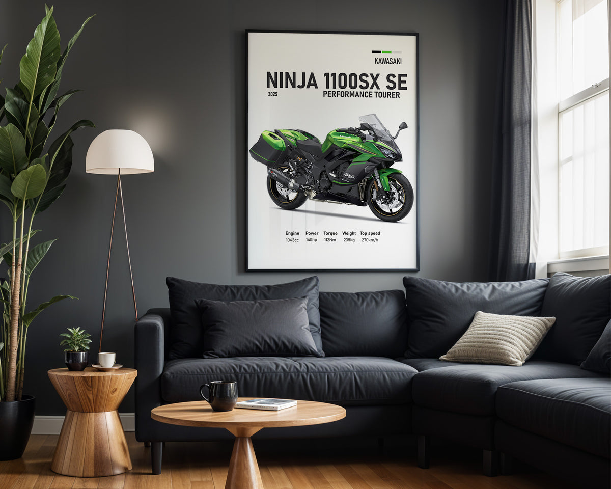 Kawasaki Ninja 1100SX SE Performance Tourer framed poster displayed in a modern interior
