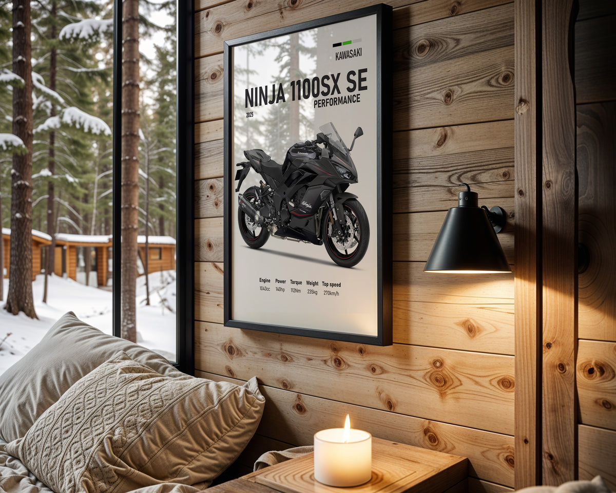 Kawasaki Ninja 1100SX SE Performance motorcycle wall art in a black frame