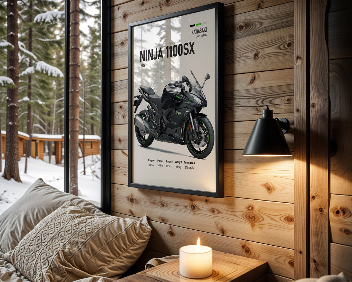Kawasaki Ninja 1100SX motorcycle wall art in a black frame