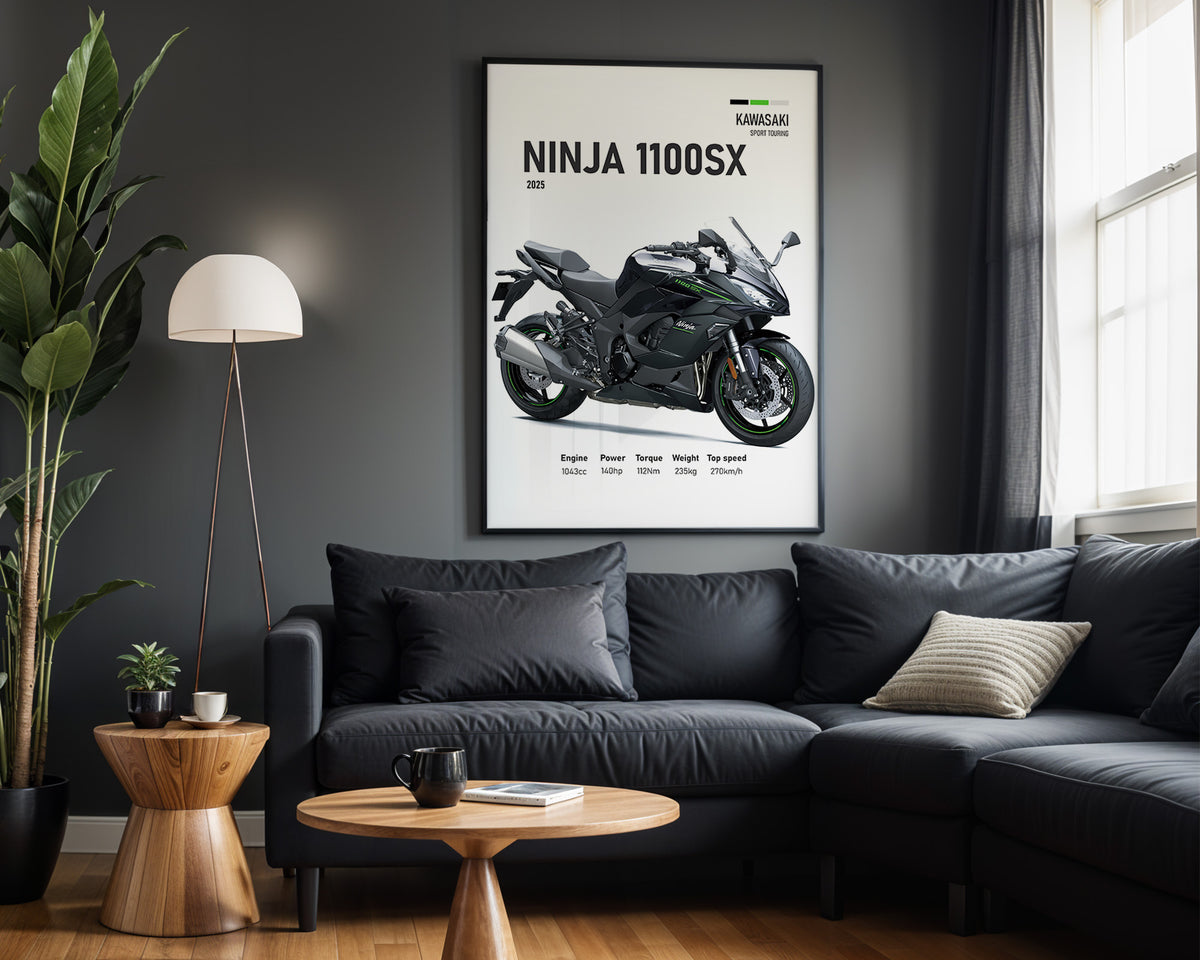 Kawasaki Ninja 1100SX framed poster displayed in a modern interior