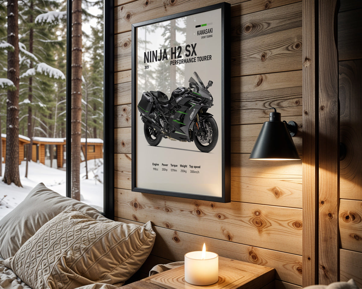 Kawasaki Ninja H2 SX Performance Tourer motorcycle wall art in a black frame