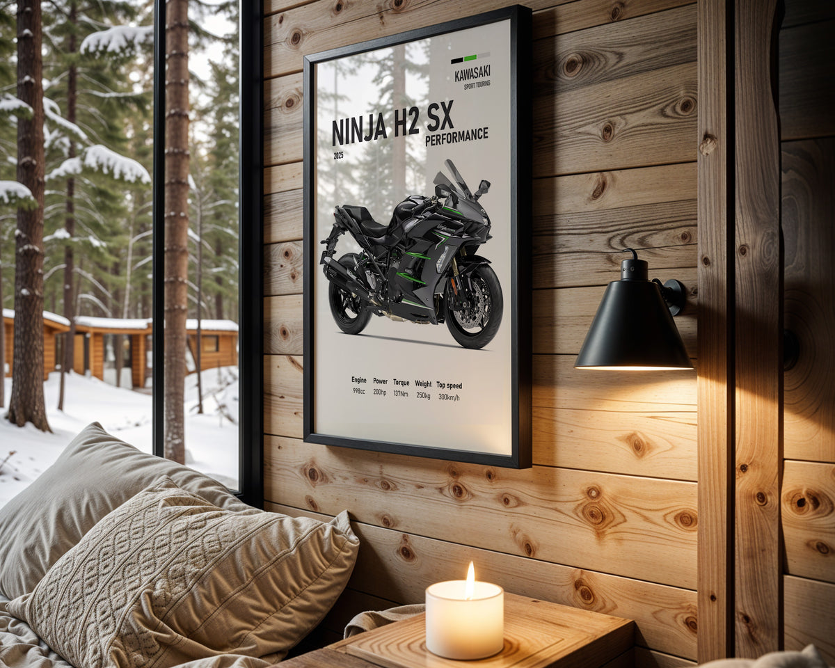 Kawasaki Ninja H2 SX Performance motorcycle wall art in a black frame