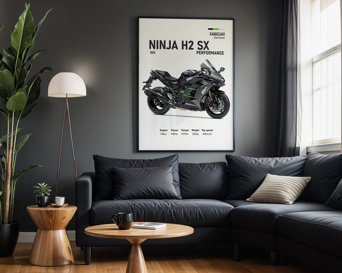 Kawasaki Ninja H2 SX Performance framed poster displayed in a modern interior