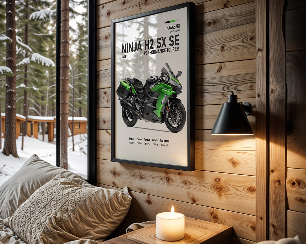 Kawasaki Ninja H2 SX SE Performance Tourer motorcycle wall art in a black frame