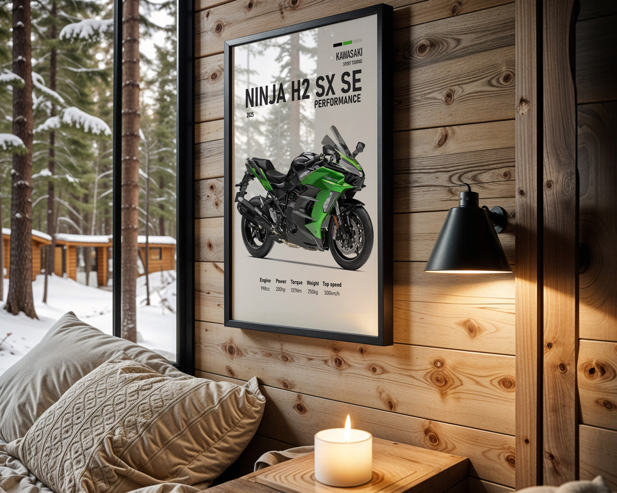 Kawasaki Ninja H2 SX SE Performance motorcycle wall art in a black frame