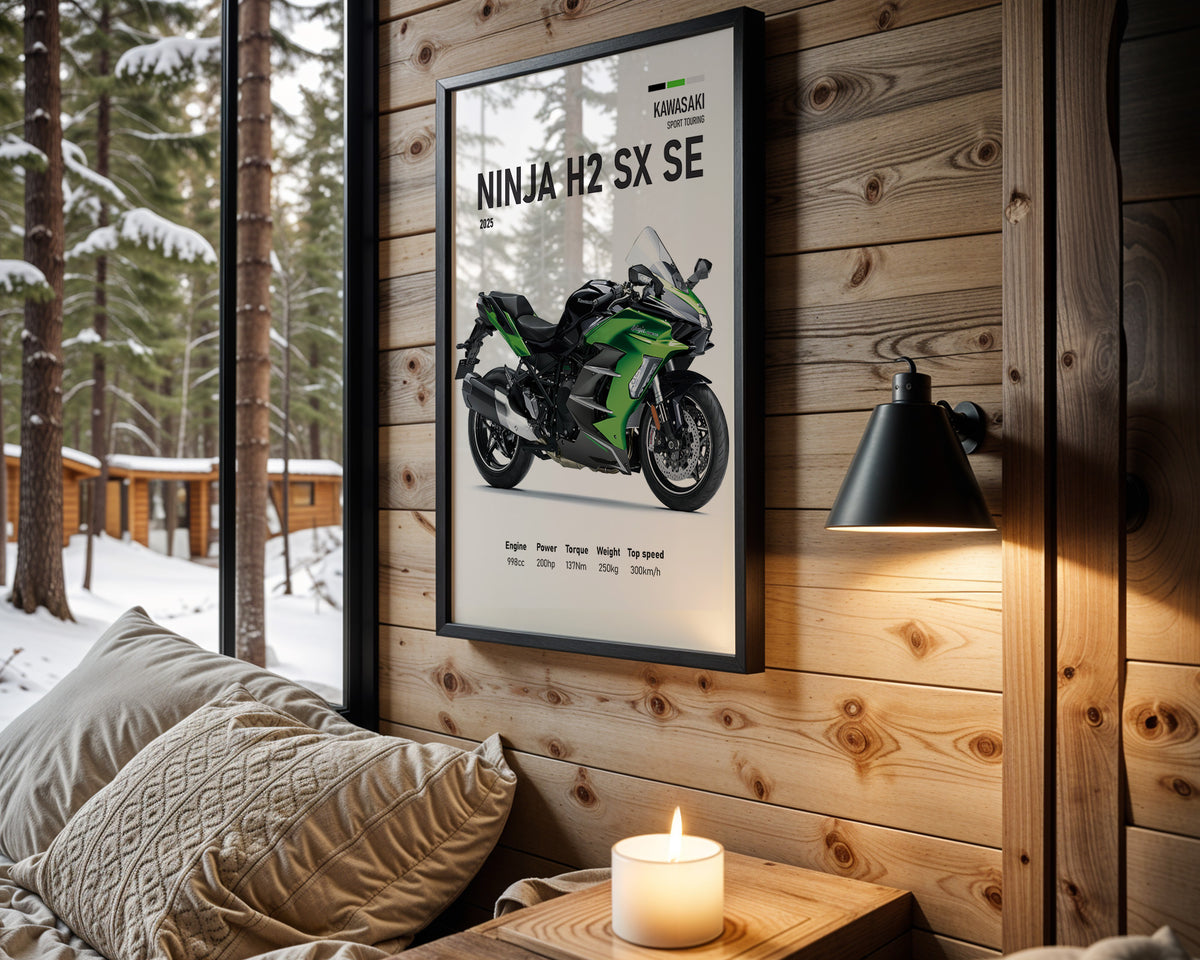 Kawasaki Ninja H2 SX SE motorcycle wall art in a black frame