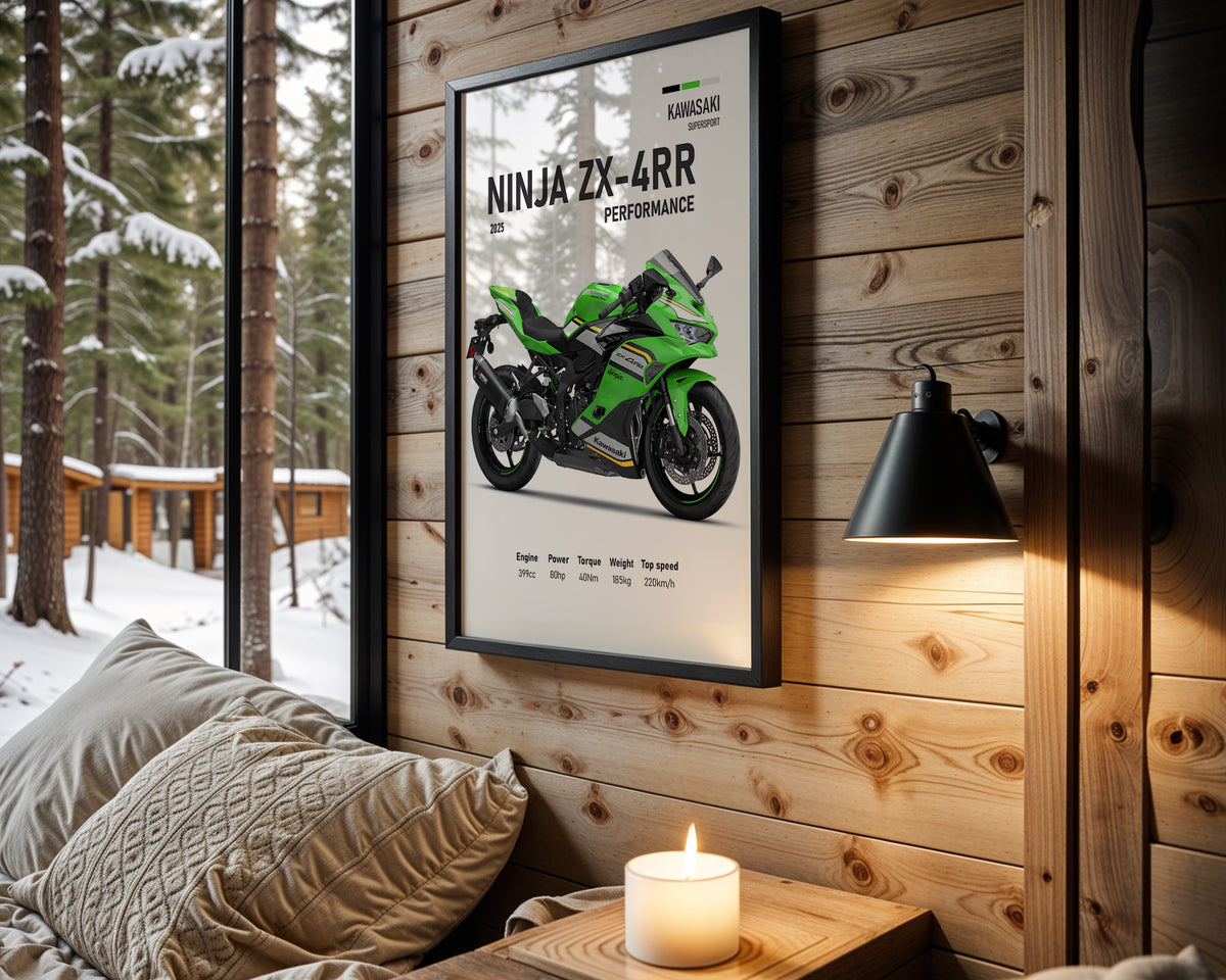 Kawasaki Ninja ZX-4RR Performance 2025 motorcycle wall art in a black frame