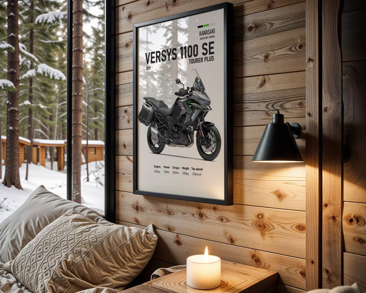 Kawasaki Versys 1100 SE Tourer Plus motorcycle wall art in a black frame
