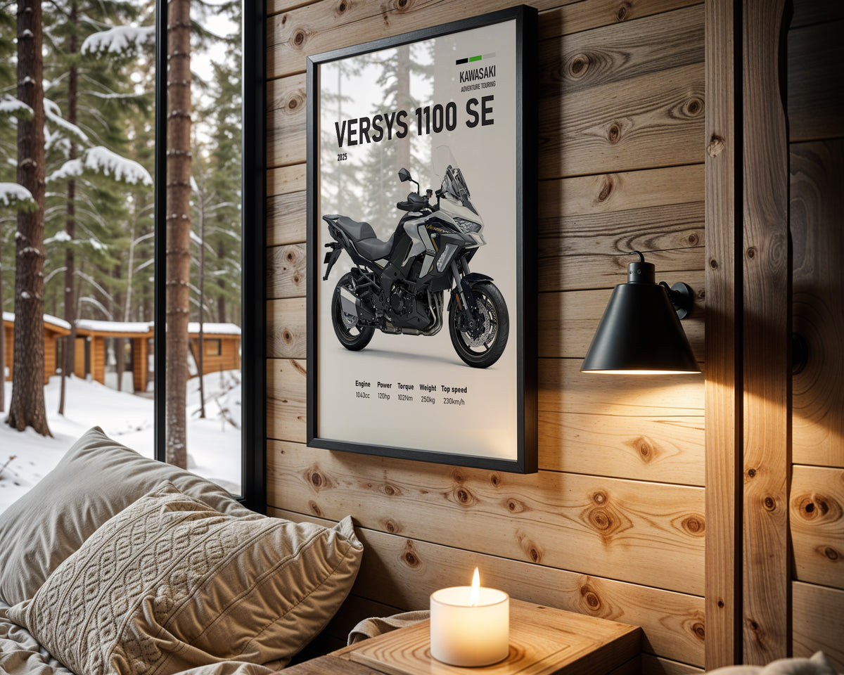 Kawasaki Versys 1100 SE motorcycle wall art in a black frame