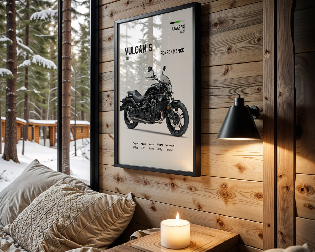 Kawasaki Vulcan S Performance motorcycle wall art in a black frame