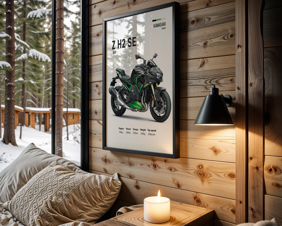 Kawasaki Z H2 SE motorcycle wall art in a black frame