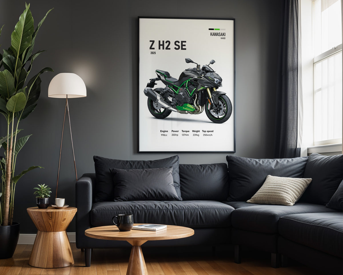 Kawasaki Z H2 SE framed poster displayed in a modern interior