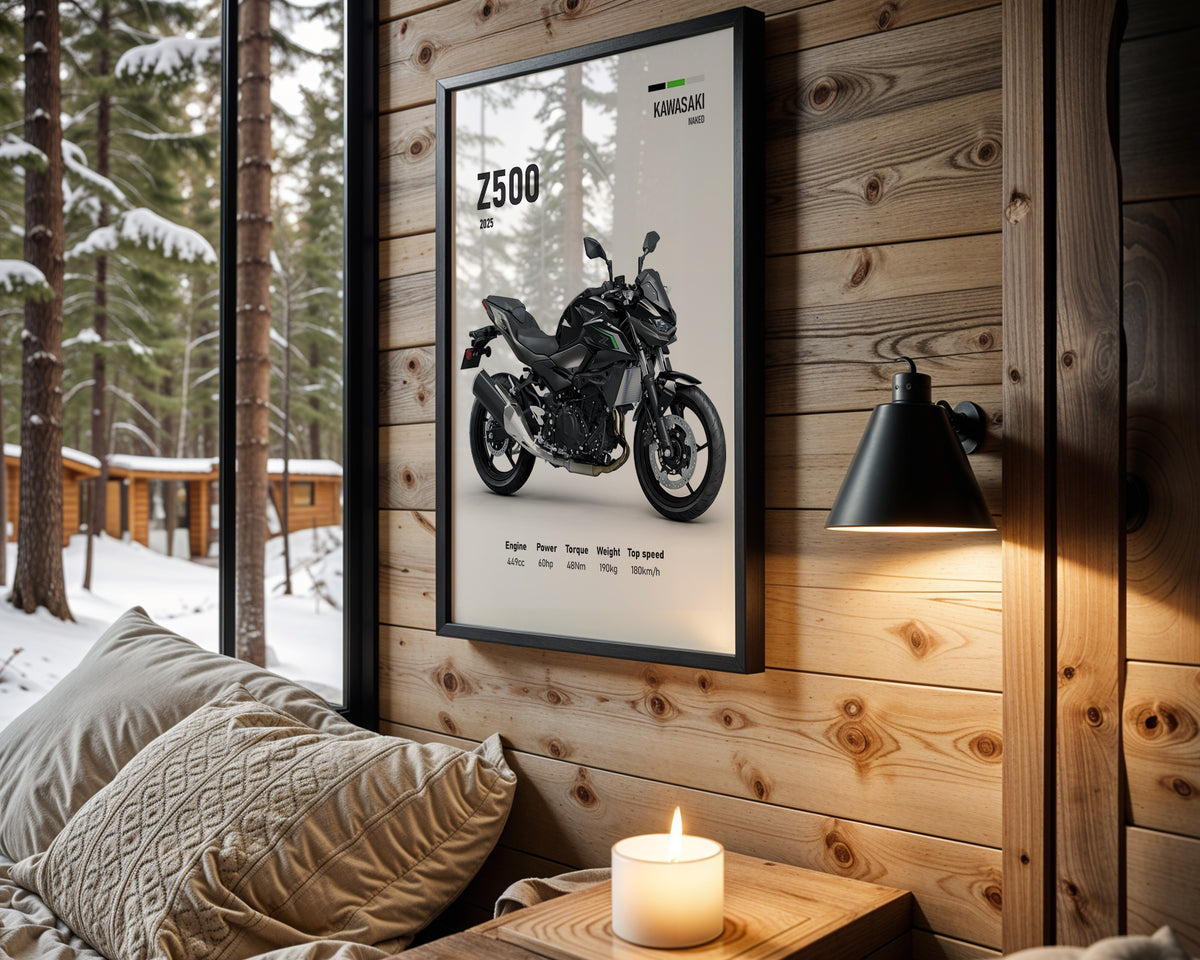 Kawasaki Z500 motorcycle wall art in a black frame