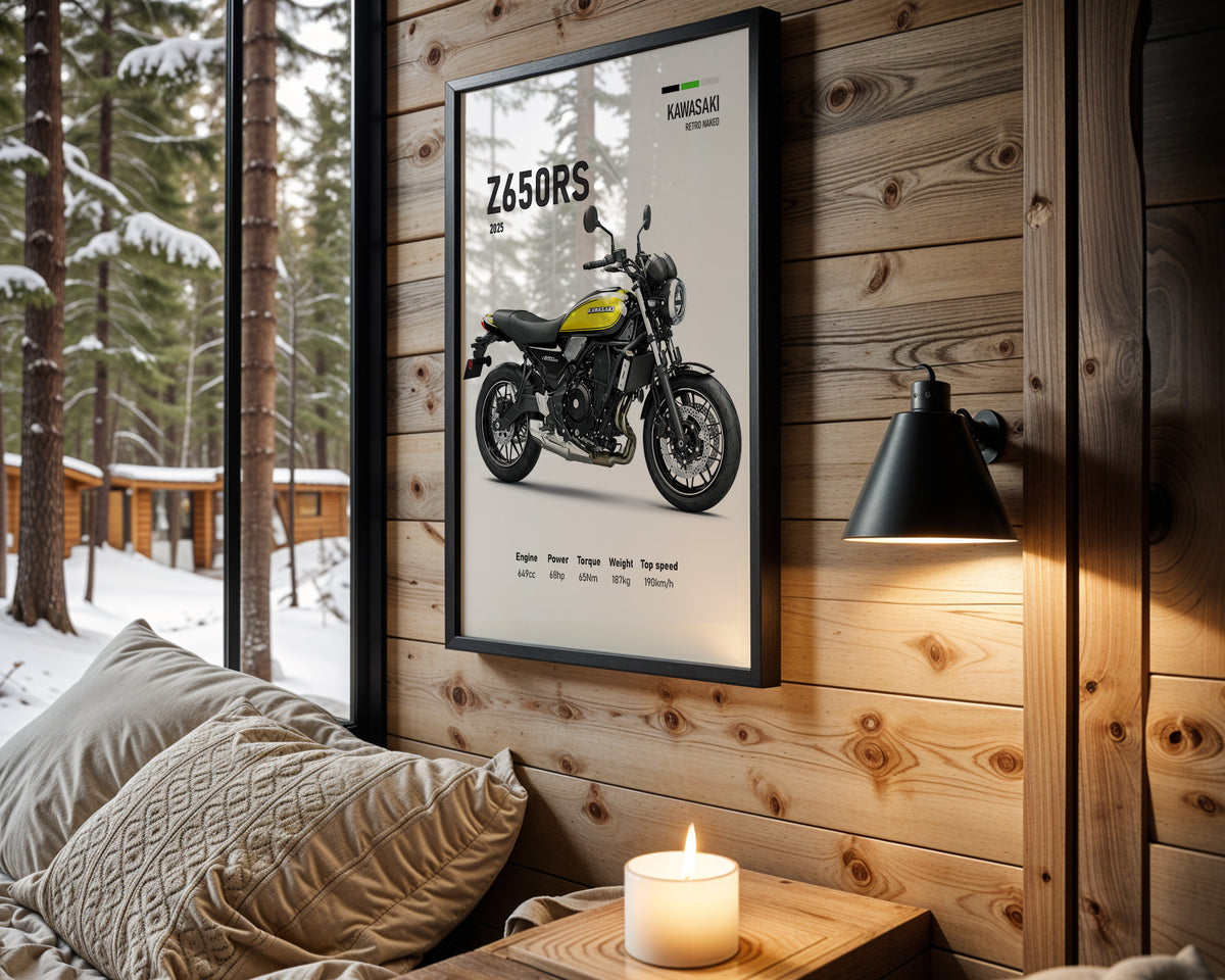 Kawasaki Z650RS Yellow motorcycle wall art in a black frame